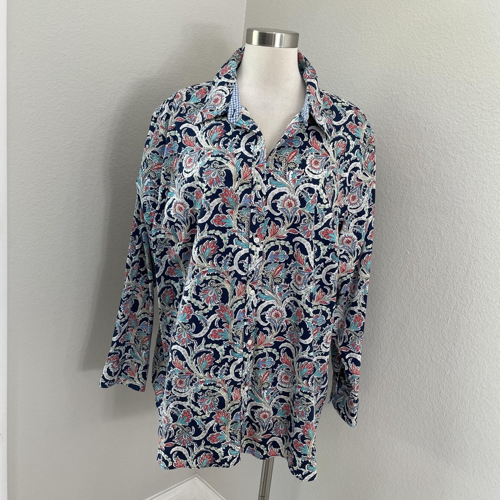 Chaps Shirt Womens 3X Blue Paisley Button Down No Iron Long Sleeve Gingham Trim